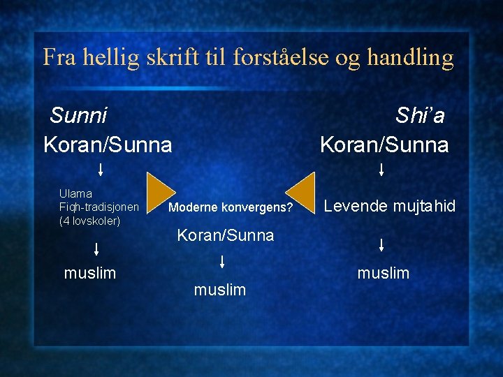 Fra hellig skrift til forståelse og handling Sunni Koran/Sunna Ulama Fiqh-tradisjonen (4 lovskoler) muslim