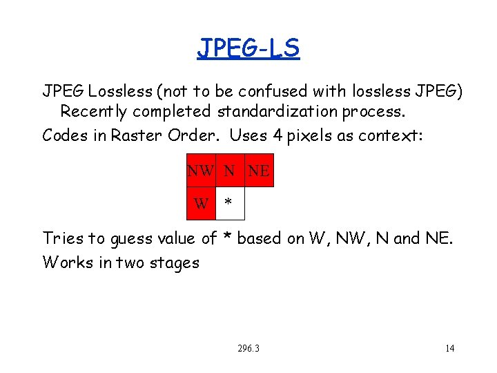 JPEG-LS JPEG Lossless (not to be confused with lossless JPEG) Recently completed standardization process.