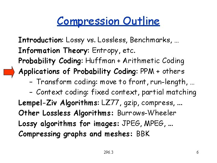 Compression Outline Introduction: Lossy vs. Lossless, Benchmarks, … Information Theory: Entropy, etc. Probability Coding: