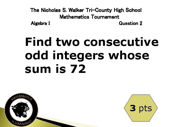 The Nicholas S. Walker Tri-County High School Mathematics Tournament Algebra I Question 2 Find