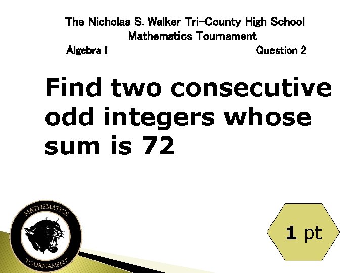 The Nicholas S. Walker Tri-County High School Mathematics Tournament Algebra I Question 2 Find