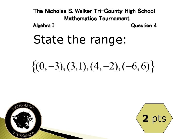 The Nicholas S. Walker Tri-County High School Mathematics Tournament Algebra I Question 4 State