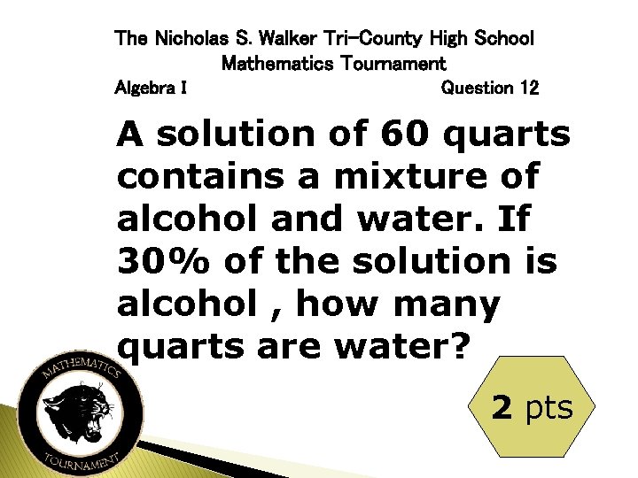 The Nicholas S. Walker Tri-County High School Mathematics Tournament Algebra I Question 12 A