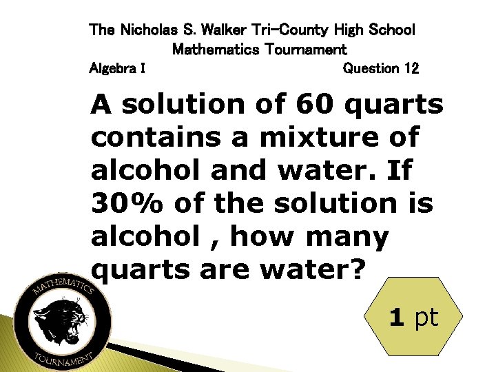 The Nicholas S. Walker Tri-County High School Mathematics Tournament Algebra I Question 12 A