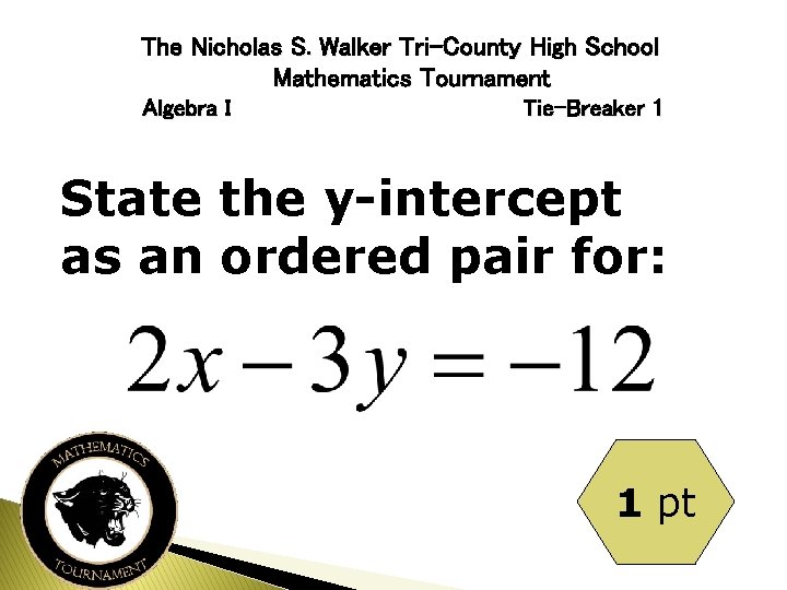 The Nicholas S. Walker Tri-County High School Mathematics Tournament Algebra I Tie-Breaker 1 State