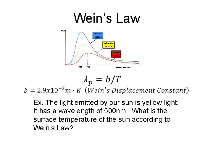 Wein’s Law Ex. The light emitted by our sun is yellow light. It has