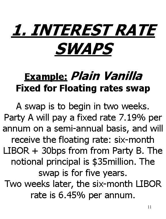 1. INTEREST RATE SWAPS Example: Plain Vanilla Fixed for Floating rates swap A swap