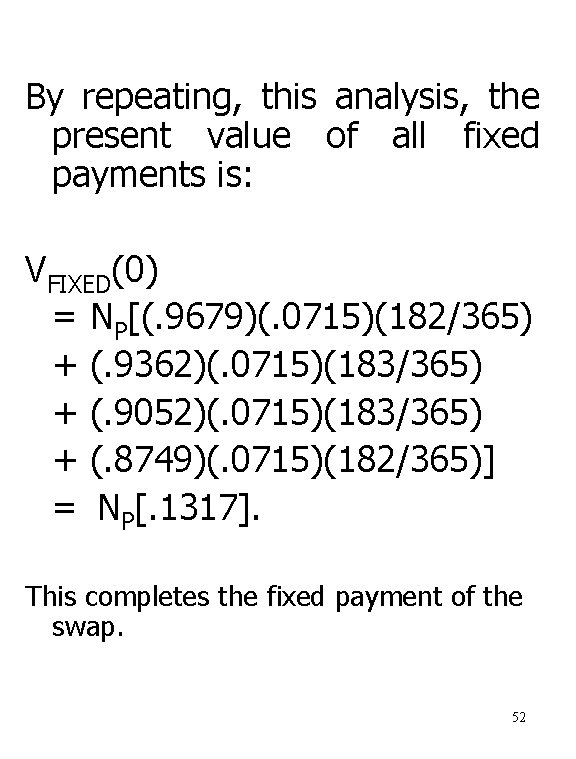 By repeating, this analysis, the present value of all fixed payments is: VFIXED(0) =