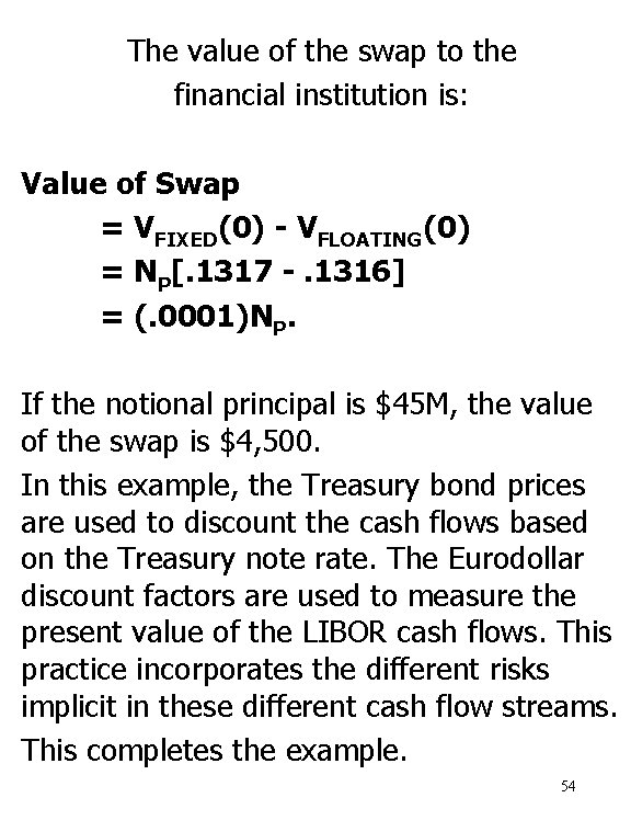 The value of the swap to the financial institution is: Value of Swap =