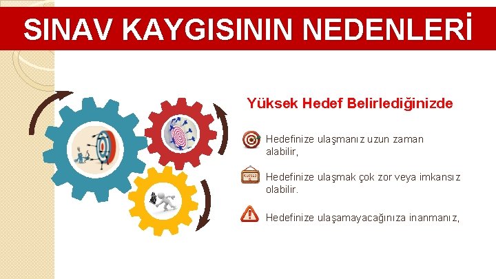 SINAV KAYGISININ NEDENLERİ Yüksek Hedef Belirlediğinizde Hedefinize ulaşmanız uzun zaman alabilir, Hedefinize ulaşmak çok