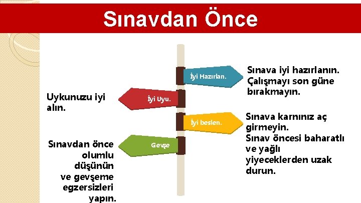 Sınavdan Önce İyi Hazırlan. Uykunuzu iyi alın. İyi Uyu. İyi beslen. Sınavdan önce olumlu