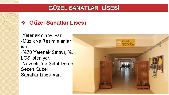 GÜZEL SANATLAR LİSESİ v Güzel Sanatlar Lisesi -Yetenek sınavı var. -Müzik ve Resim alanları