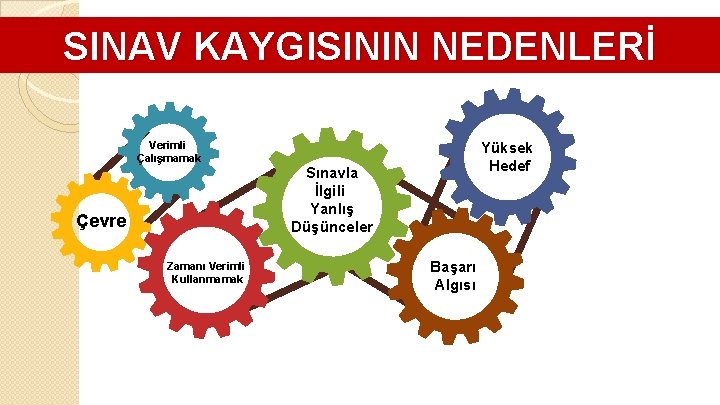 SINAV KAYGISININ NEDENLERİ Verimli Çalışmamak Çevre Zamanı Verimli Kullanmamak Yüksek Hedef Sınavla İlgili Yanlış