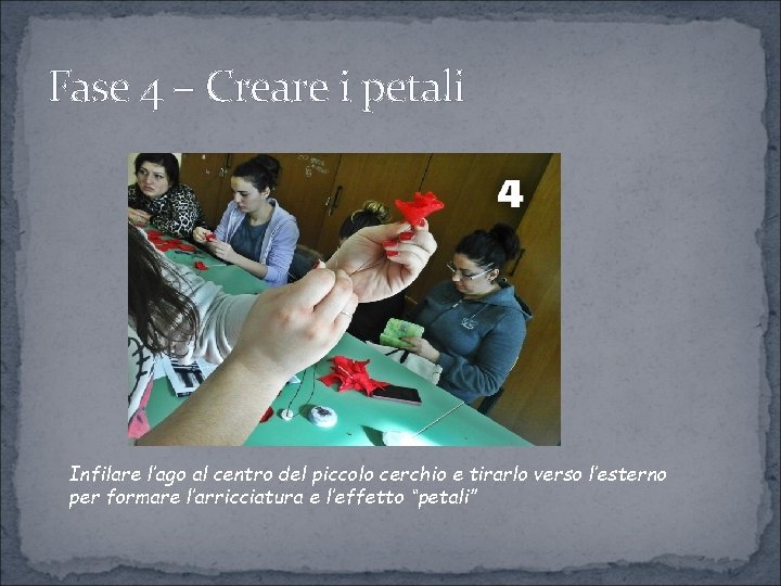 Fase 4 – Creare i petali Infilare l’ago al centro del piccolo cerchio e