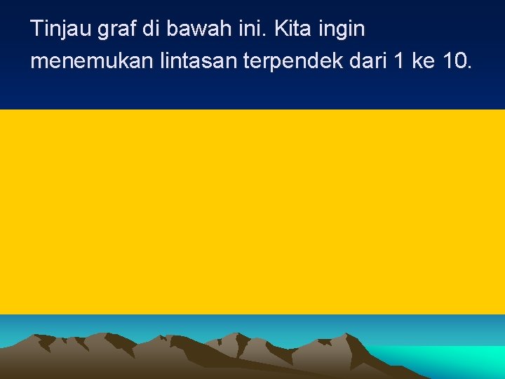 Tinjau graf di bawah ini. Kita ingin menemukan lintasan terpendek dari 1 ke 10.