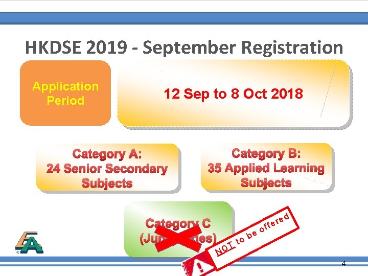 HKDSE 2019 - September Registration Application Period 12 Sep to 8 Oct 2018 Category
