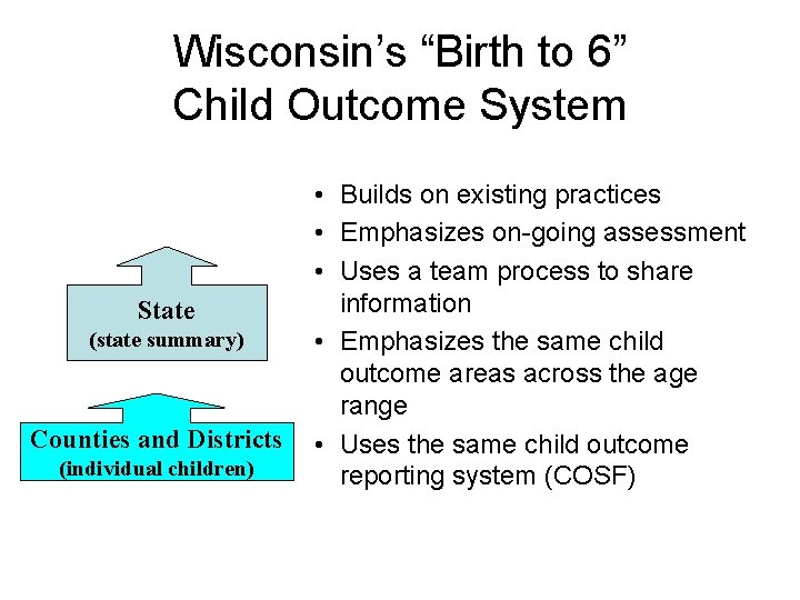 Wisconsin’s “Birth to 6” Child Outcome System State (state summary) Counties and Districts (individual Wisconsin’s “Birth to 6” Child Outcome System State (state summary) Counties and Districts (individual