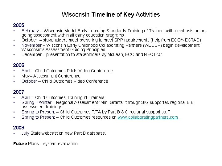 Wisconsin Timeline of Key Activities 2005 • • February – Wisconsin Model Early Learning Wisconsin Timeline of Key Activities 2005 • • February – Wisconsin Model Early Learning