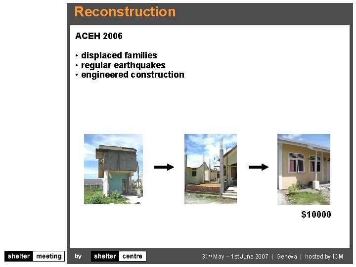 Reconstruction ACEH 2006 • displaced families • regular earthquakes • engineered construction $10000 by