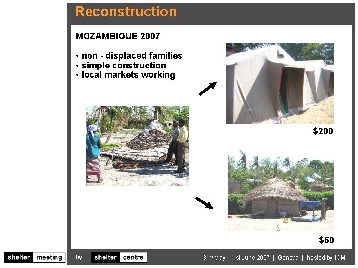 Reconstruction MOZAMBIQUE 2007 • non - displaced families • simple construction • local markets