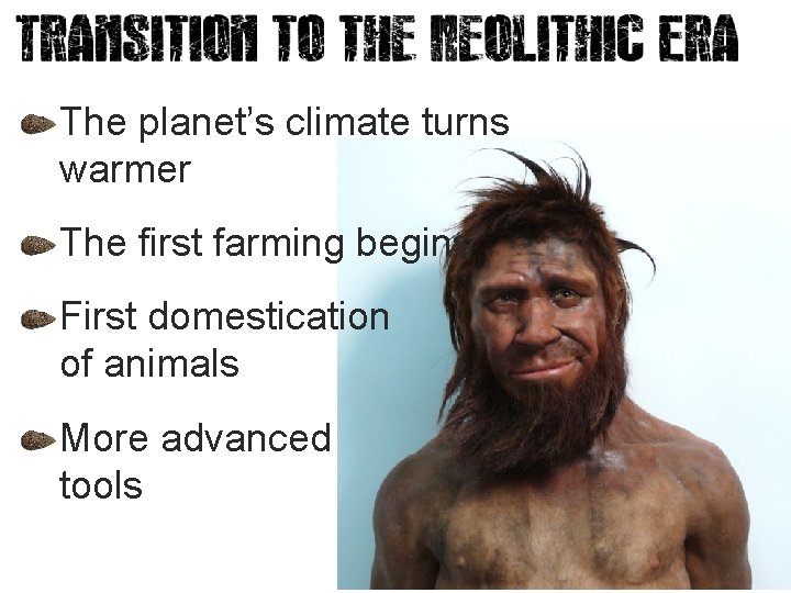 The planet’s climate turns warmer The first farming begins First domestication of animals More