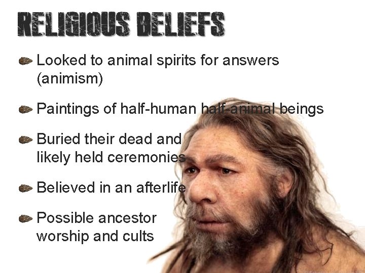 Looked to animal spirits for answers (animism) Paintings of half-human half-animal beings Buried their