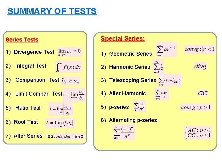 SUMMARY OF TESTS Series Tests Special Series: 1) Divergence Test 1) Geometric Series 2)