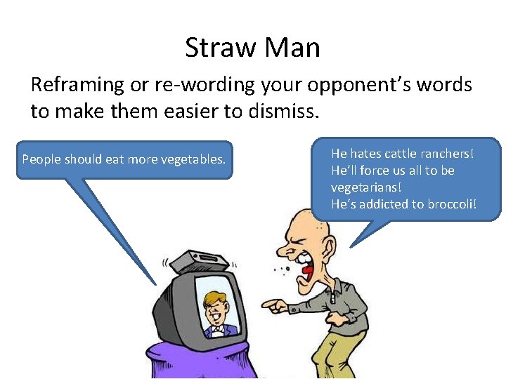 Straw Man Reframing or re-wording your opponent’s words to make them easier to dismiss.