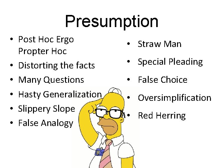 Presumption • Post Hoc Ergo Propter Hoc • Distorting the facts • Many Questions