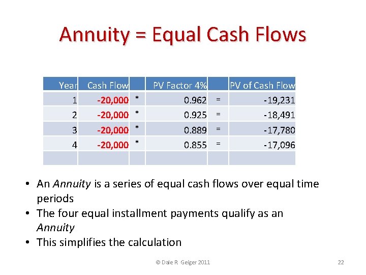 Annuity = Equal Cash Flows Year Cash Flow 1 -20, 000 2 -20, 000