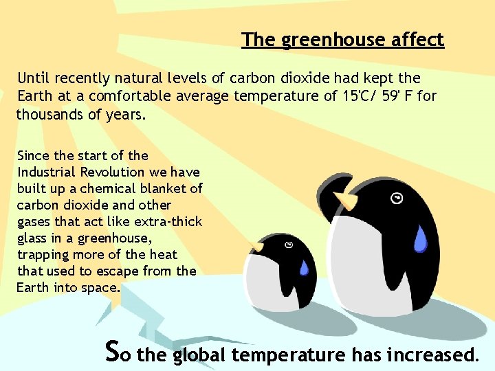 The greenhouse affect Until recently natural levels of carbon dioxide had kept the Earth