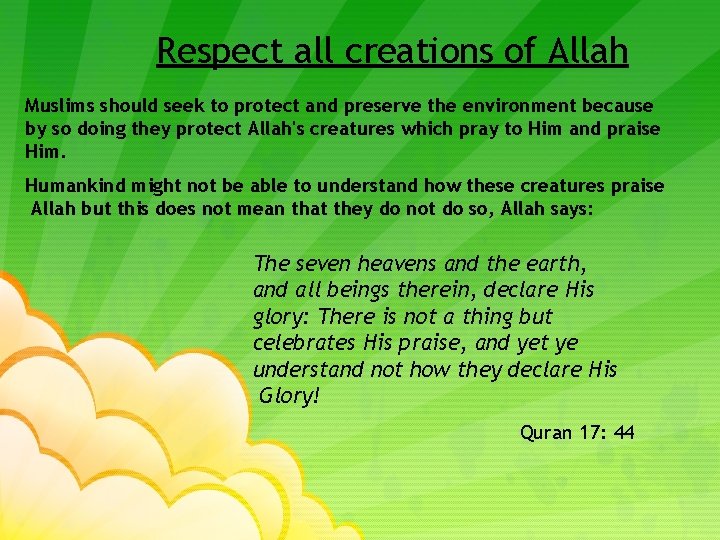 Respect all creations of Allah Muslims should seek to protect and preserve the environment