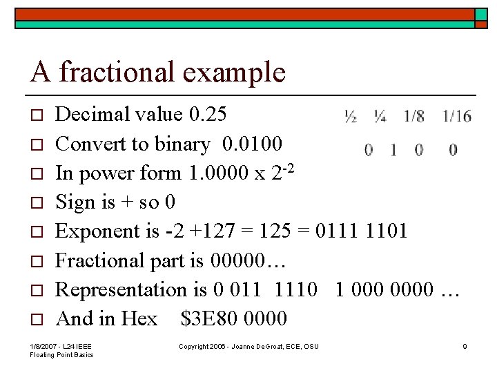 A fractional example o o o o Decimal value 0. 25 Convert to binary