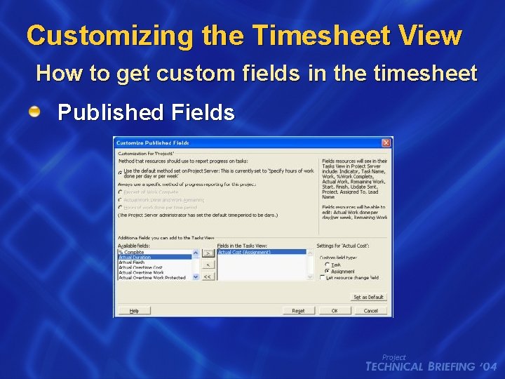 Customizing the Timesheet View How to get custom fields in the timesheet Published Fields