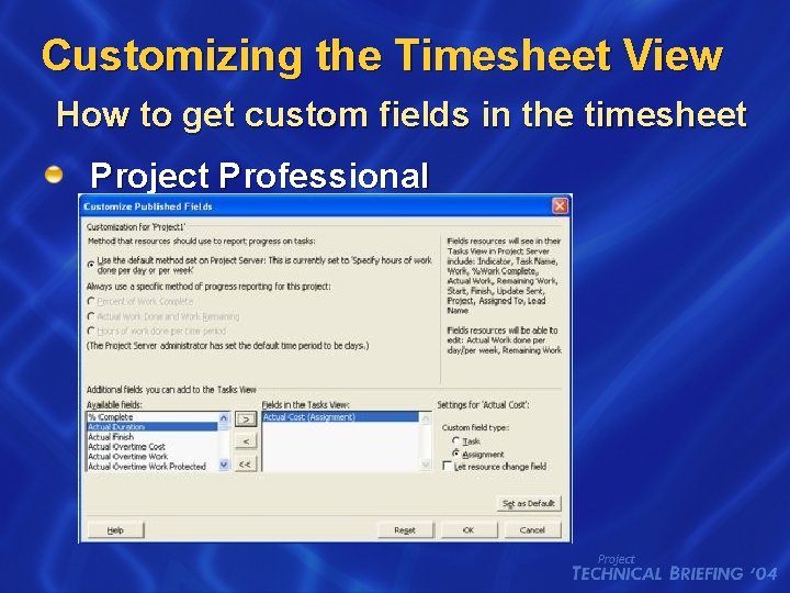 Customizing the Timesheet View How to get custom fields in the timesheet Project Professional