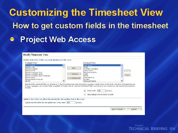 Customizing the Timesheet View How to get custom fields in the timesheet Project Web