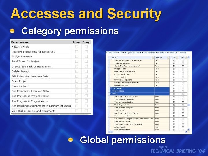 Accesses and Security Category permissions Global permissions 