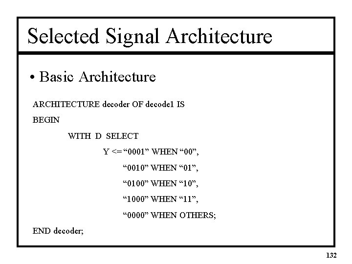 Selected Signal Architecture • Basic Architecture ARCHITECTURE decoder OF decode 1 IS BEGIN WITH