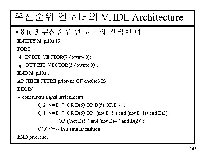 우선순위 엔코더의 VHDL Architecture • 8 to 3 우선순위 엔코더의 간략한 예 ENTITY hi_pri