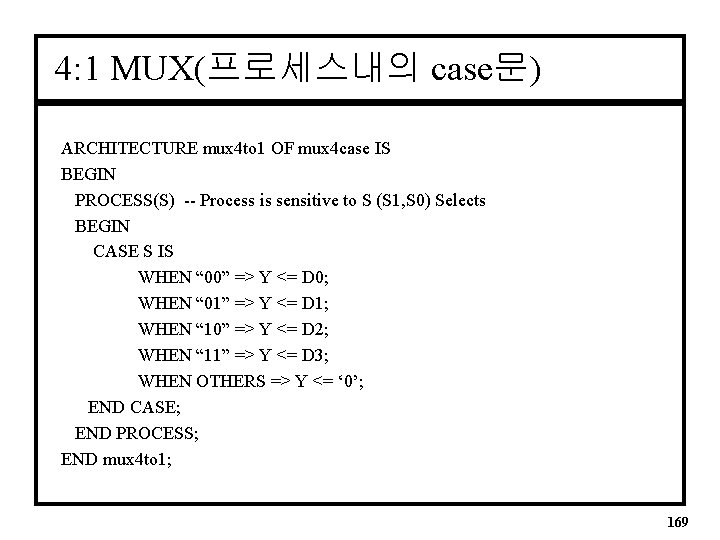4: 1 MUX(프로세스내의 case문) ARCHITECTURE mux 4 to 1 OF mux 4 case IS