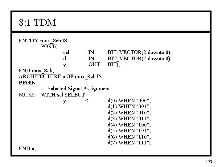 8: 1 TDM ENTITY mux_8 ch IS PORT( sel : IN BIT_VECTOR(2 downto 0);