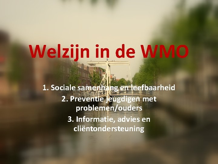 Welzijn in de WMO 1. Sociale samenhang en leefbaarheid 2. Preventie jeugdigen met problemen/ouders