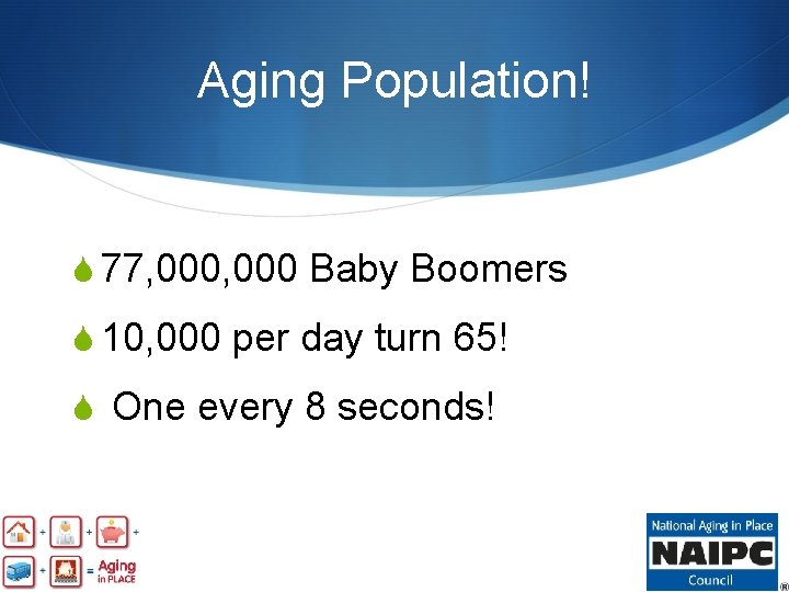 Aging Population! S 77, 000 Baby Boomers S 10, 000 per day turn 65!