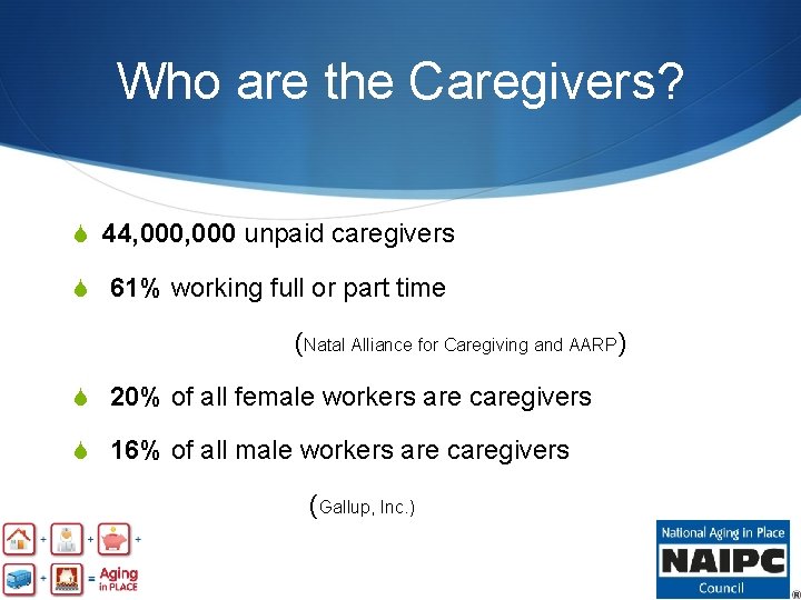Who are the Caregivers? S 44, 000 unpaid caregivers S 61% working full or