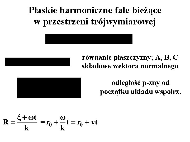 Płaskie harmoniczne fale bieżące w przestrzeni trójwymiarowej równanie płaszczyzny; A, B, C składowe wektora