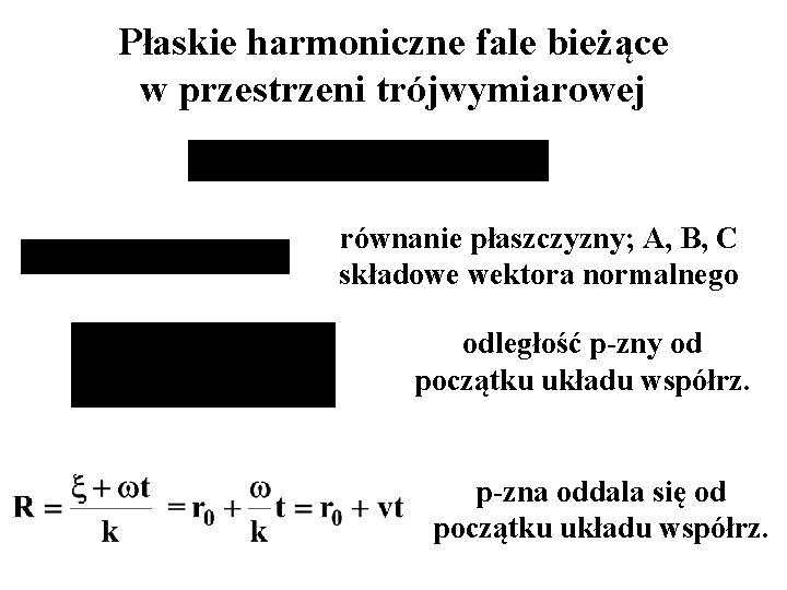 Płaskie harmoniczne fale bieżące w przestrzeni trójwymiarowej równanie płaszczyzny; A, B, C składowe wektora