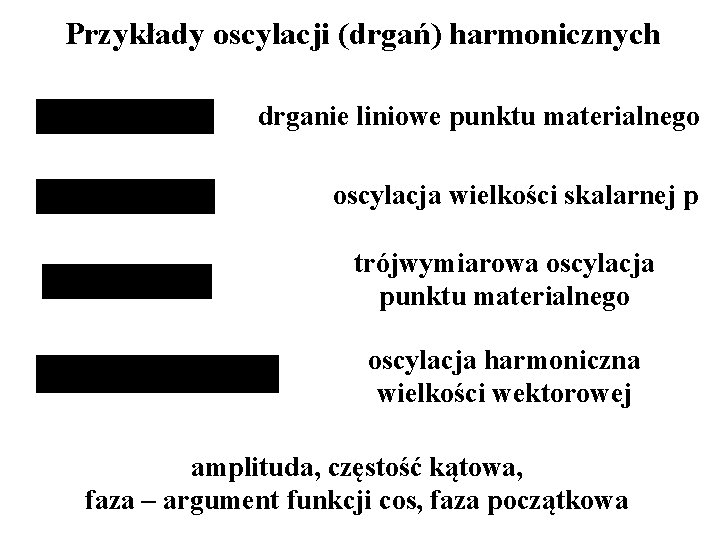 Przykłady oscylacji (drgań) harmonicznych drganie liniowe punktu materialnego oscylacja wielkości skalarnej p trójwymiarowa oscylacja