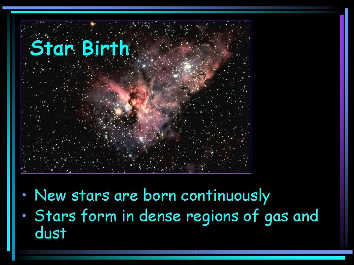 Star Birth • New stars are born continuously • Stars form in dense regions