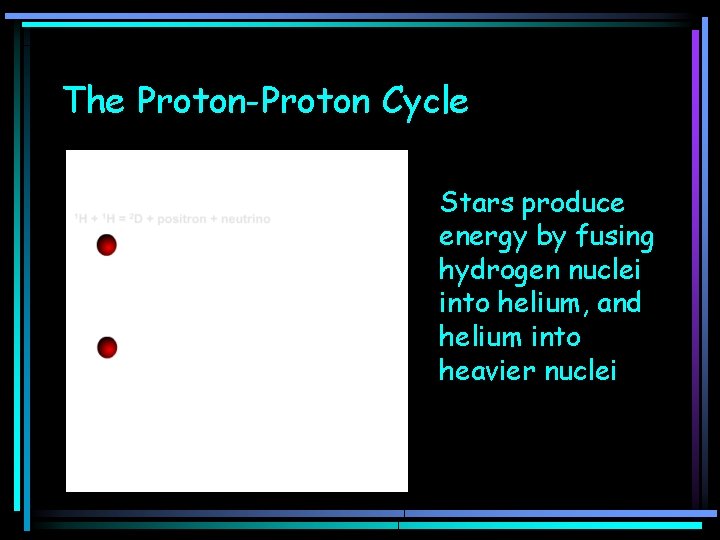 The Proton-Proton Cycle Stars produce energy by fusing hydrogen nuclei into helium, and helium