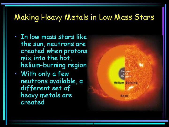 Making Heavy Metals in Low Mass Stars • In low mass stars like the